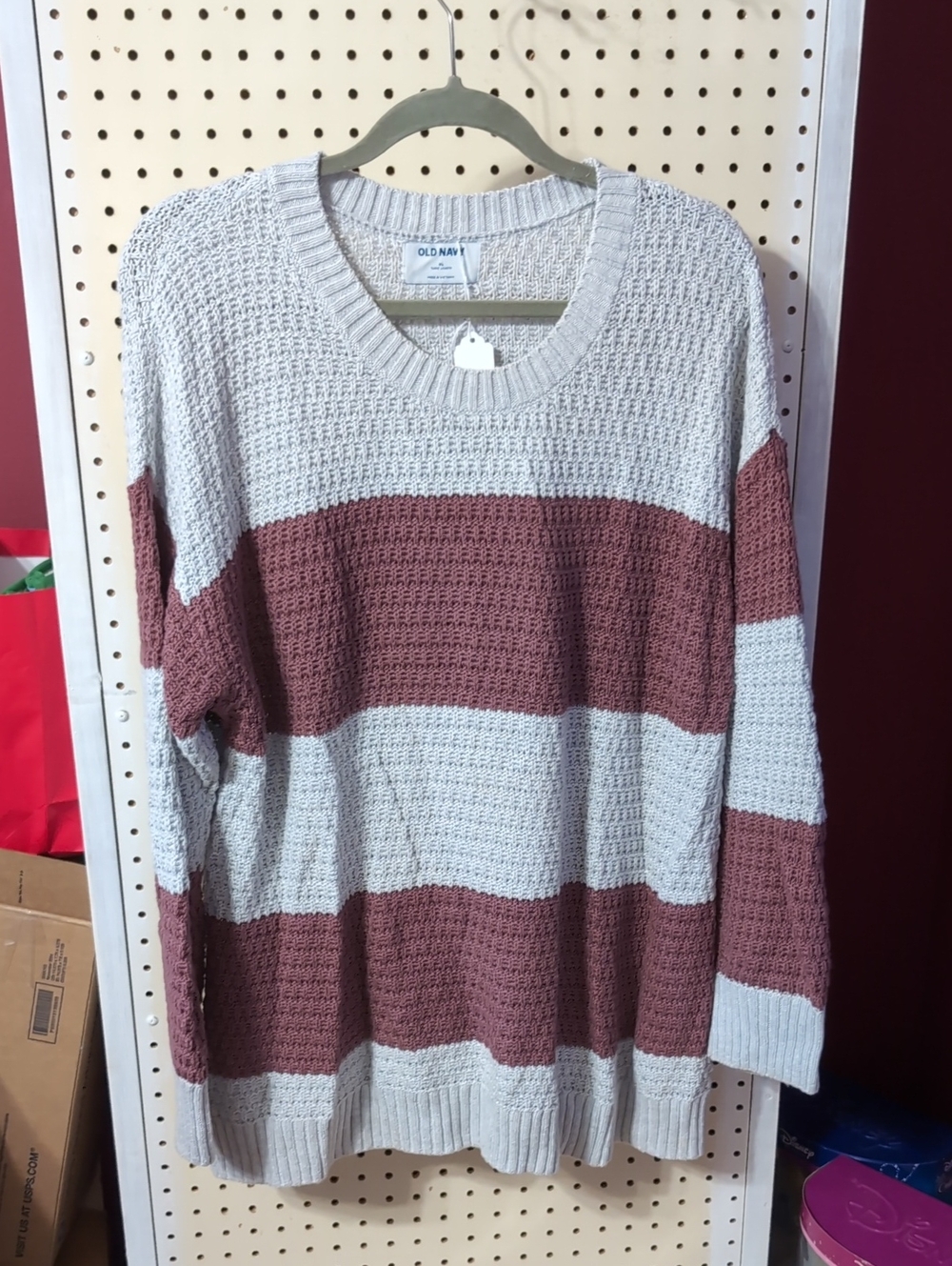 Old Navy Cream and Mauve Wide-Striped Crewneck Sweater